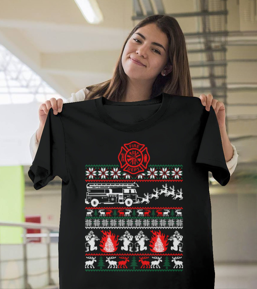 Fire Dept Fire Truck Reindeer Firefighter Christmas Ugly T-Shirt