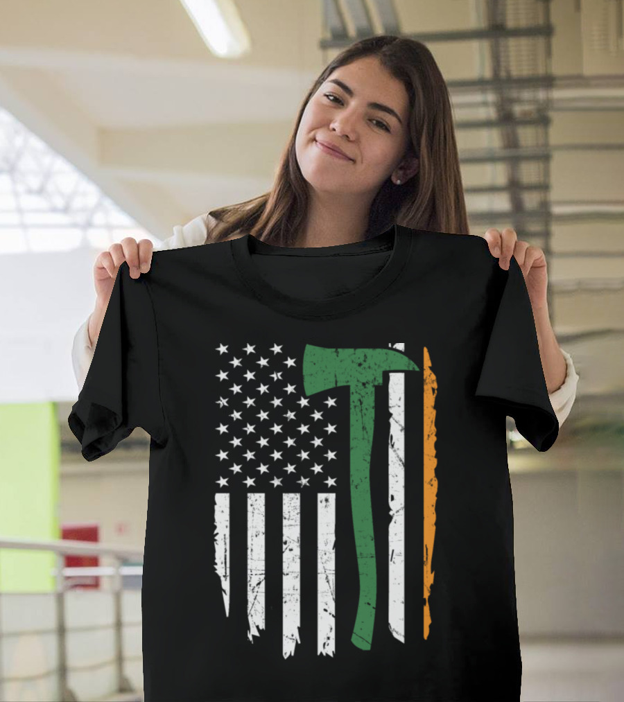 Irish American Firefighter Axe Flag T-Shirt