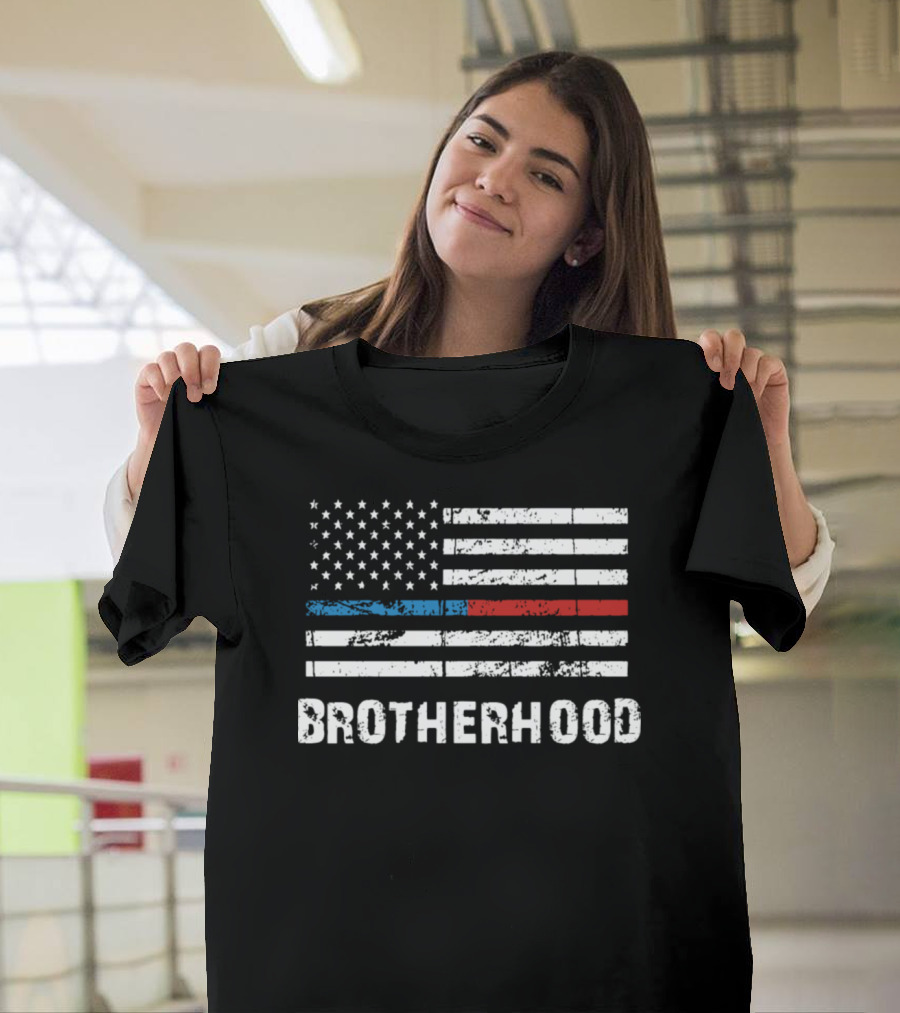 Brotherhood Thin Blue Red Line American Flag T-Shirt