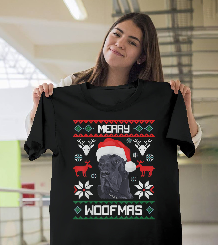 Merry Woofmas Great Dane Christmas Santa Hat Nordic Snowflakes T-Shirt
