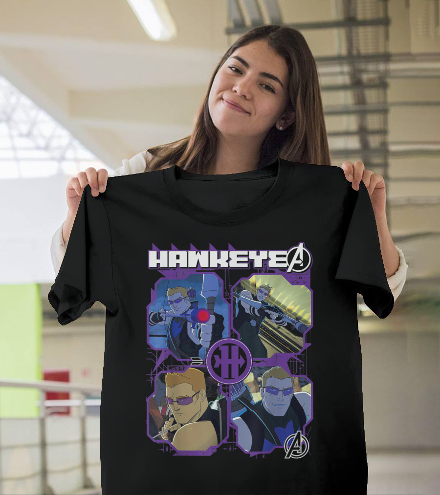 Hawkeye Avengers Assemble Four Square Comic Style Action Panels T-Shirt
