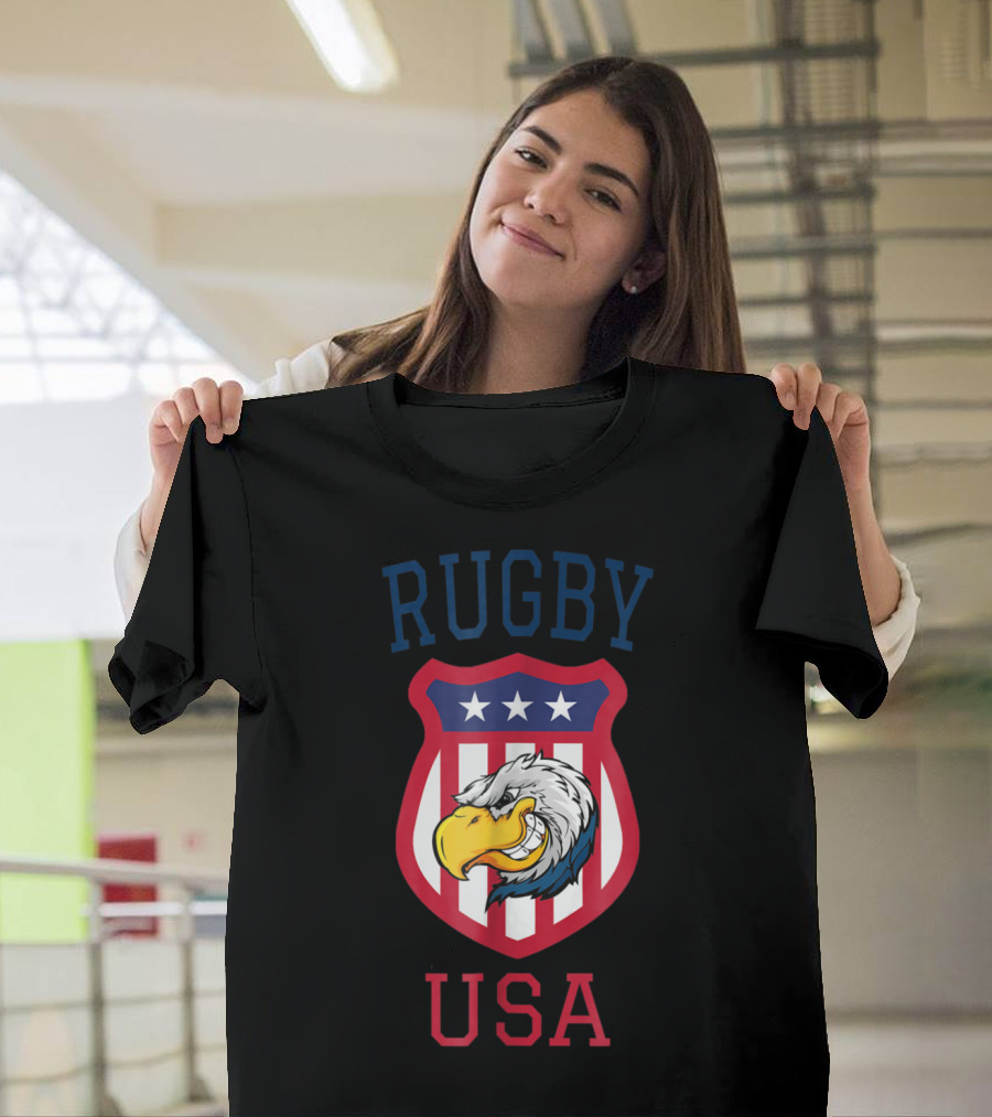 Rugby USA American Fan With Eagle Crest Shield and Stars Stripes T-Shirt
