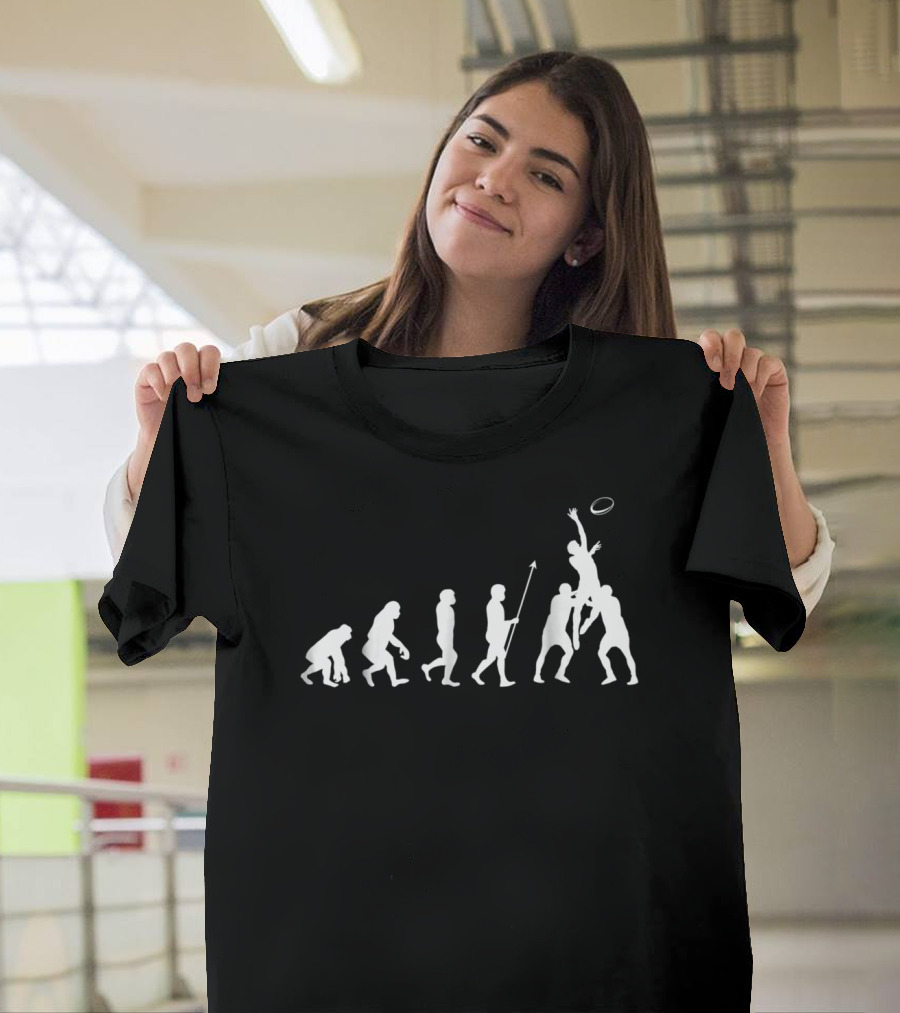 Evolution of Rugby from Ape to Player Reaching for Ball T-Shirt