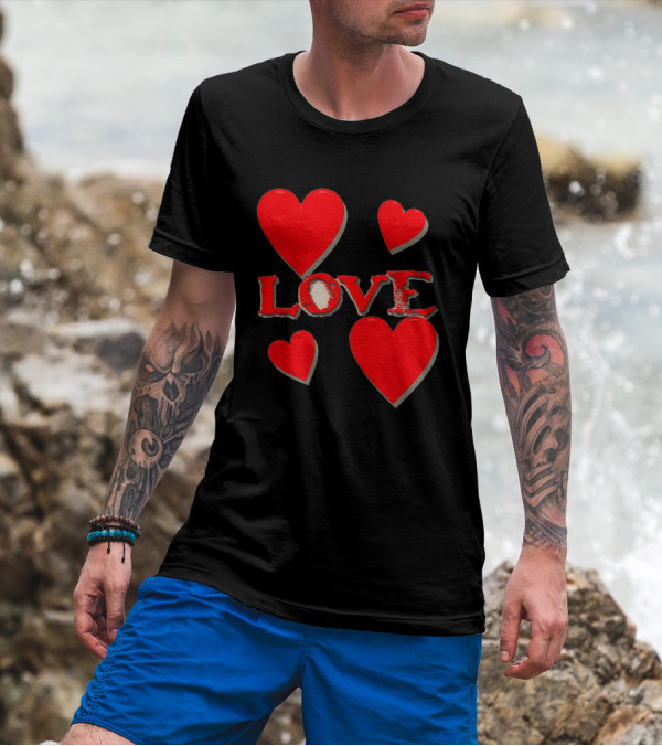 Valentine's Collection Love Red Hearts And Love Text T-Shirt