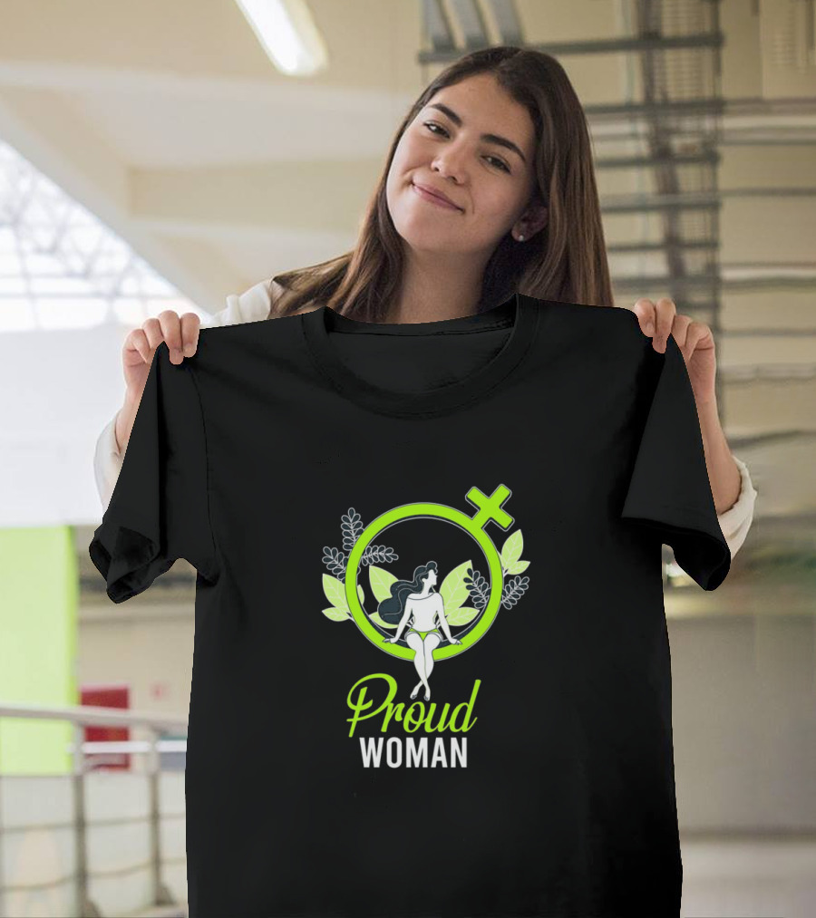 Proud Woman Empowerment Symbol with Feminine Figure and Green Leaf Accents T-Shirt