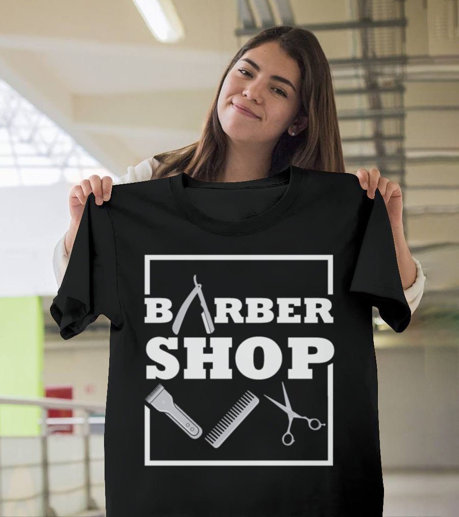 Barbear Shop Barber Stylist with Razor Comb Scissors and Clippers T-Shirt