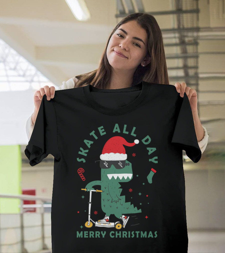 Santa Hat Dino Scooter Skate All Day Merry Christmas T-Shirt