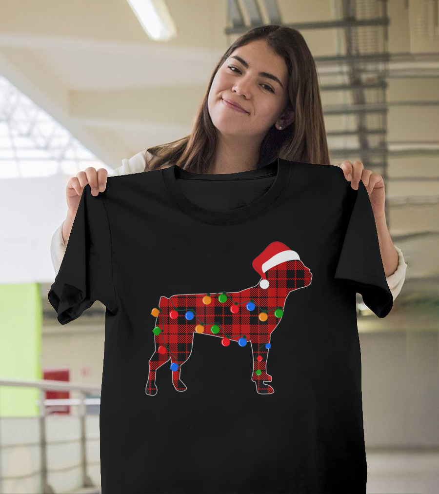 Boston Terrier Red Plaid Dog Christmas Lights Santa Hat Holiday T-Shirt
