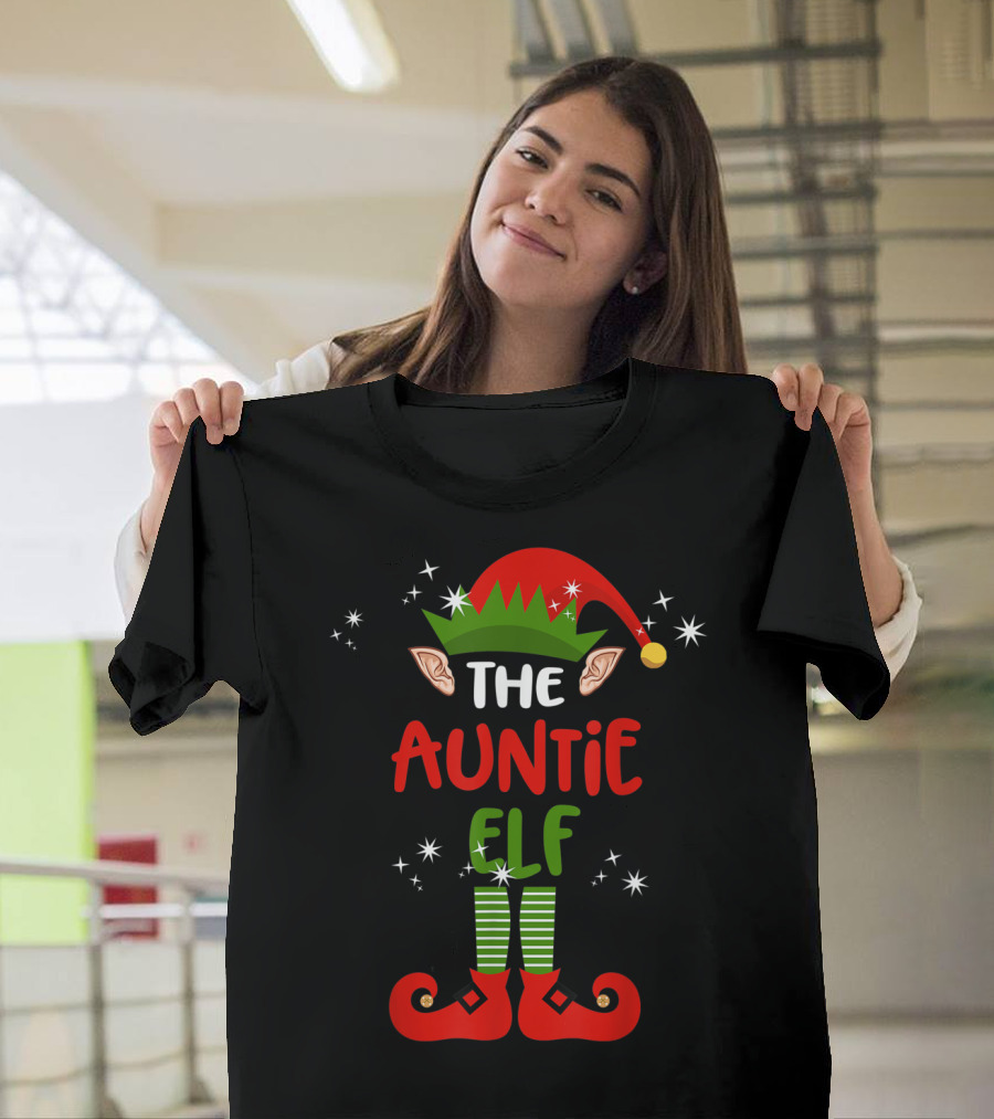 The Auntie Elf Funny Christmas Elf Red Hat Green Stripes T-Shirt