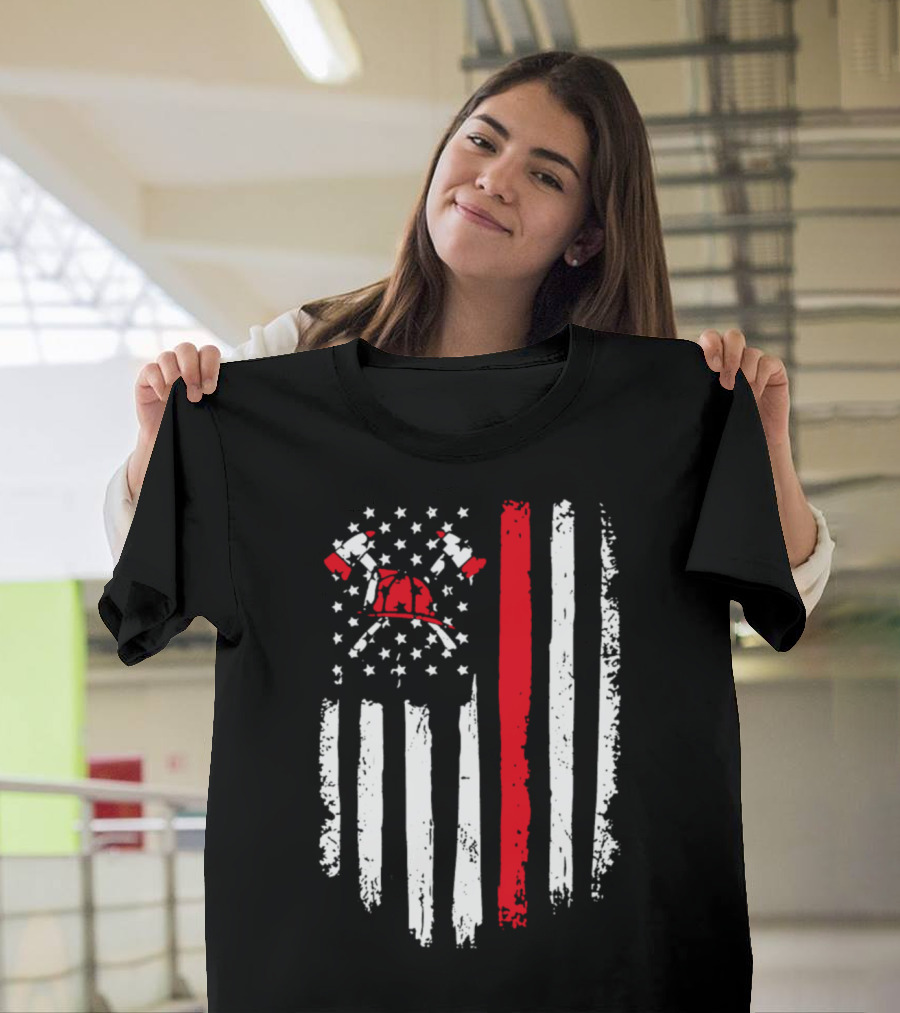 Firefighter American Flag with Axes and Helmet Thin Red Line T-Shirt