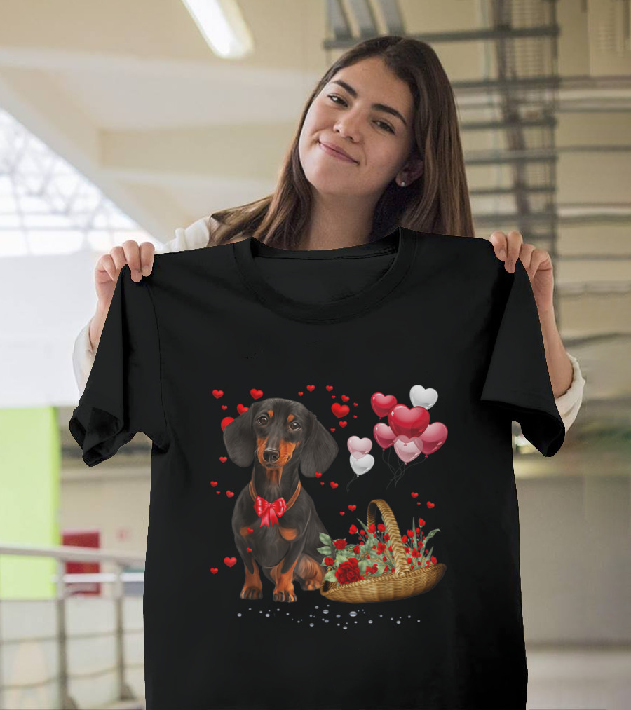 Valentine's Day Dachshund with Heart Balloons and Flower Basket T-Shirt
