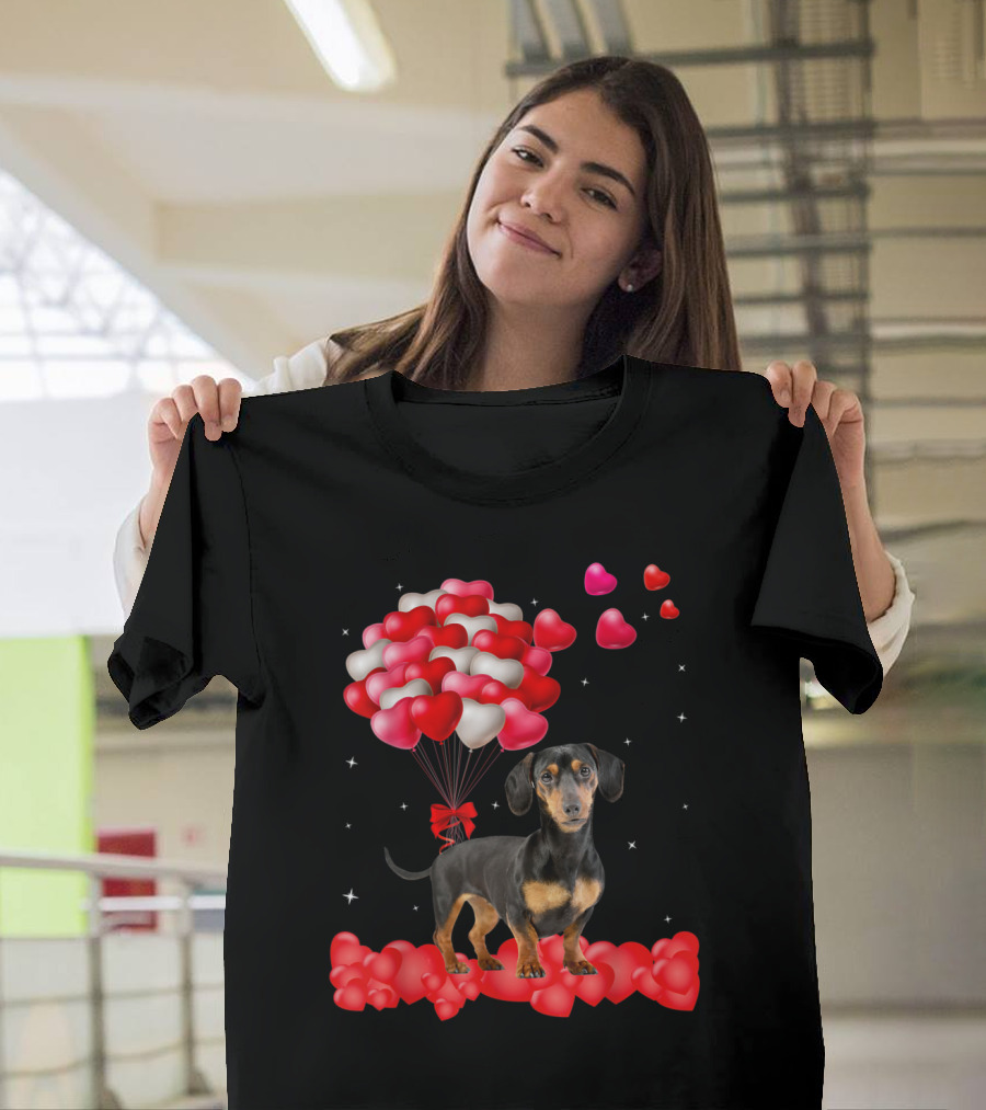 Dachshund Valentine's Day Heart Balloons and Red Ribbon Dog T-Shirt