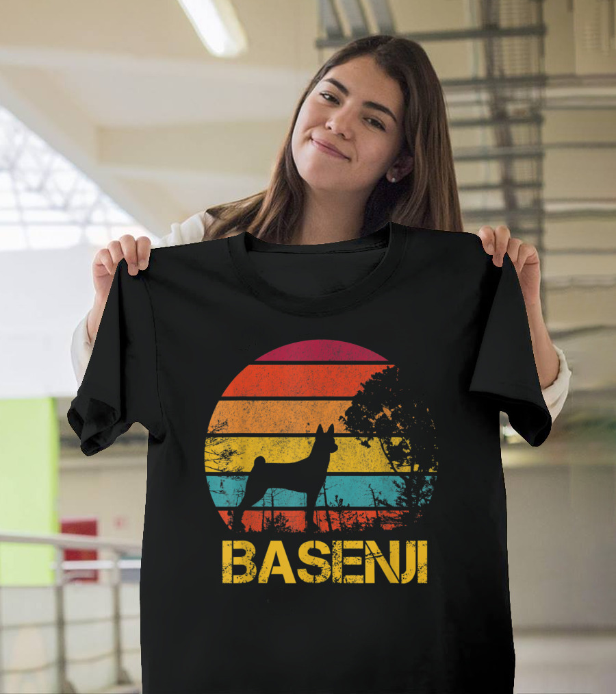 Basenji Retro Silhouette with Sunset Stripes T-Shirt
