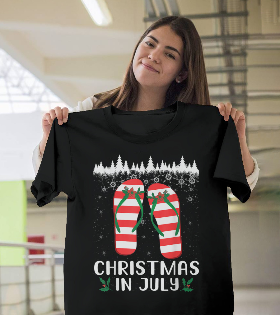 Christmas In July Red and White Striped Flip Flops Snowflakes Pine Trees T-Shirt