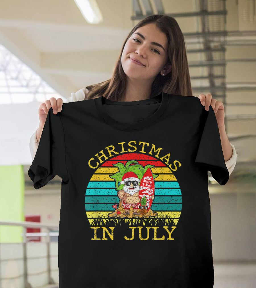 Christmas in July Santa Surfer with Merry Xmas Surfboard Summer Retro T-Shirt