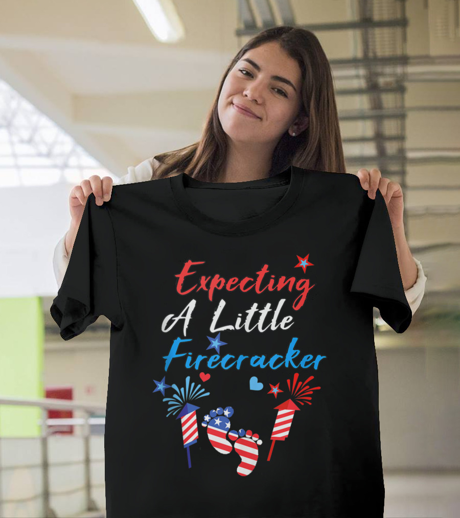 Expecting A Little Firecracker Patriotic Baby Feet Fireworks T-Shirt