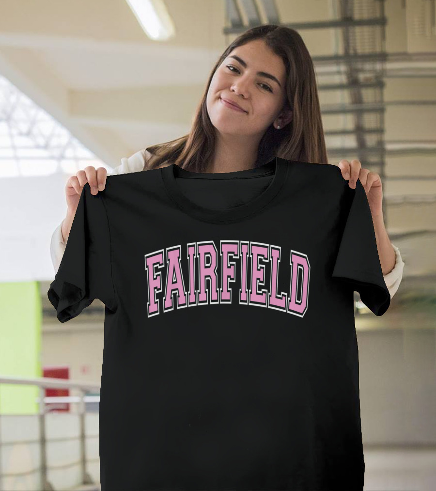 Fairfield CT Varsity Style Arch Pink Lettering T-Shirt