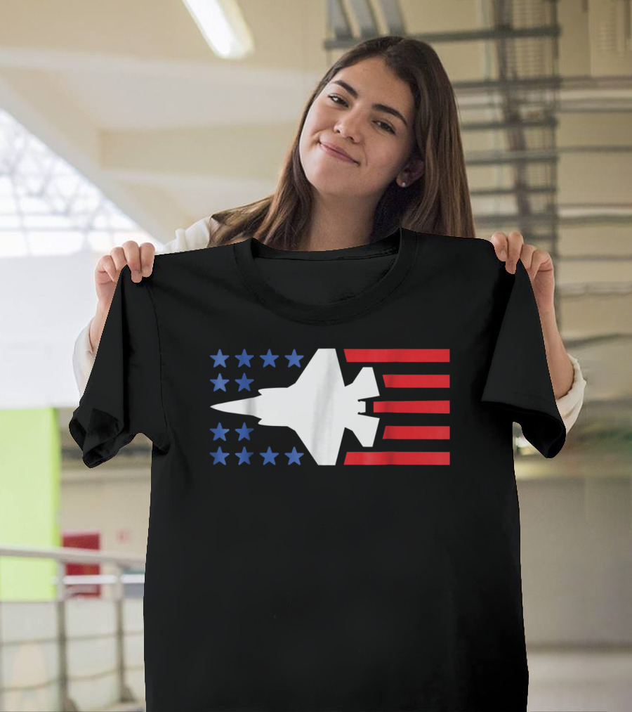 F35 Fighter Jet Silhouette with American Blue Stars and Red Stripes T-Shirt