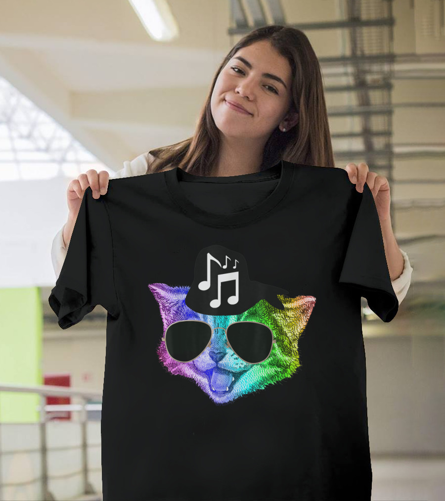 Funny Colorful Rainbow DJ Music Kitty Feline with Sunglasses and Hat T-Shirt
