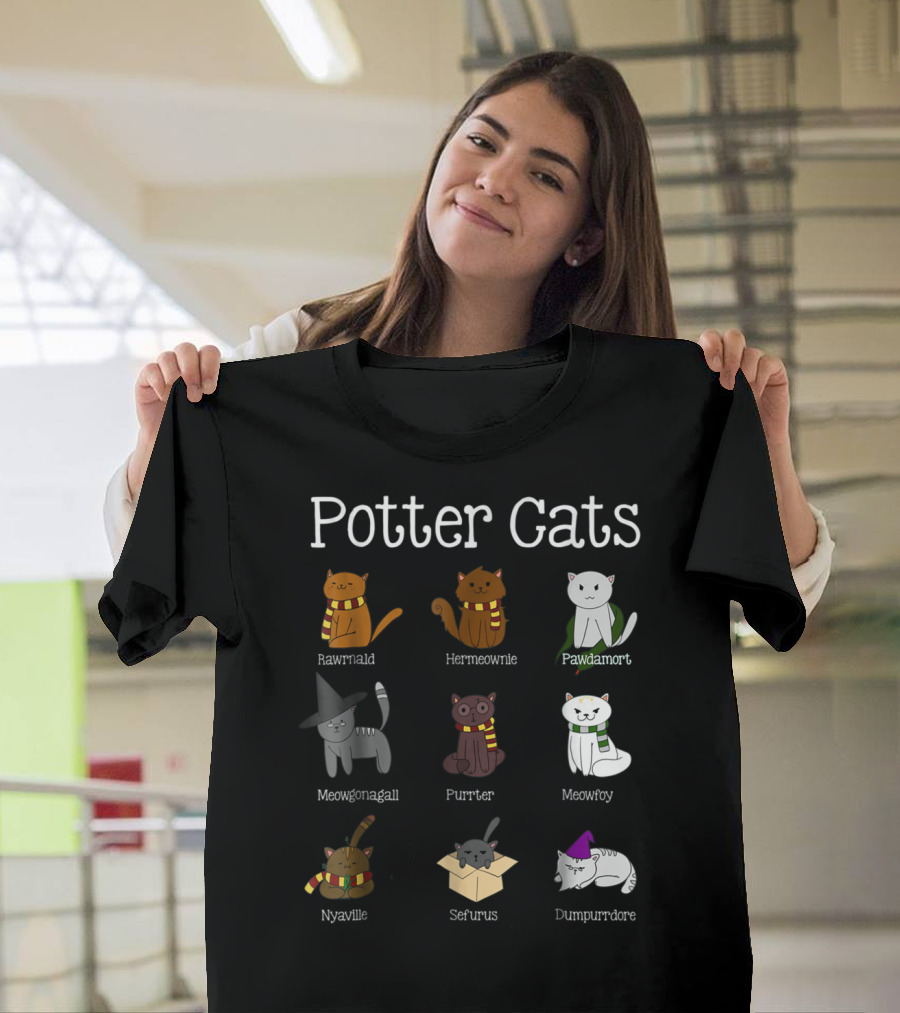 Harry Pawter Rawrnald Hermeownie Pawdamort Meowgonagall Purrter Meowfoy Nyaville Sefurus Dumpurrdore Potter Cats T-Shirt