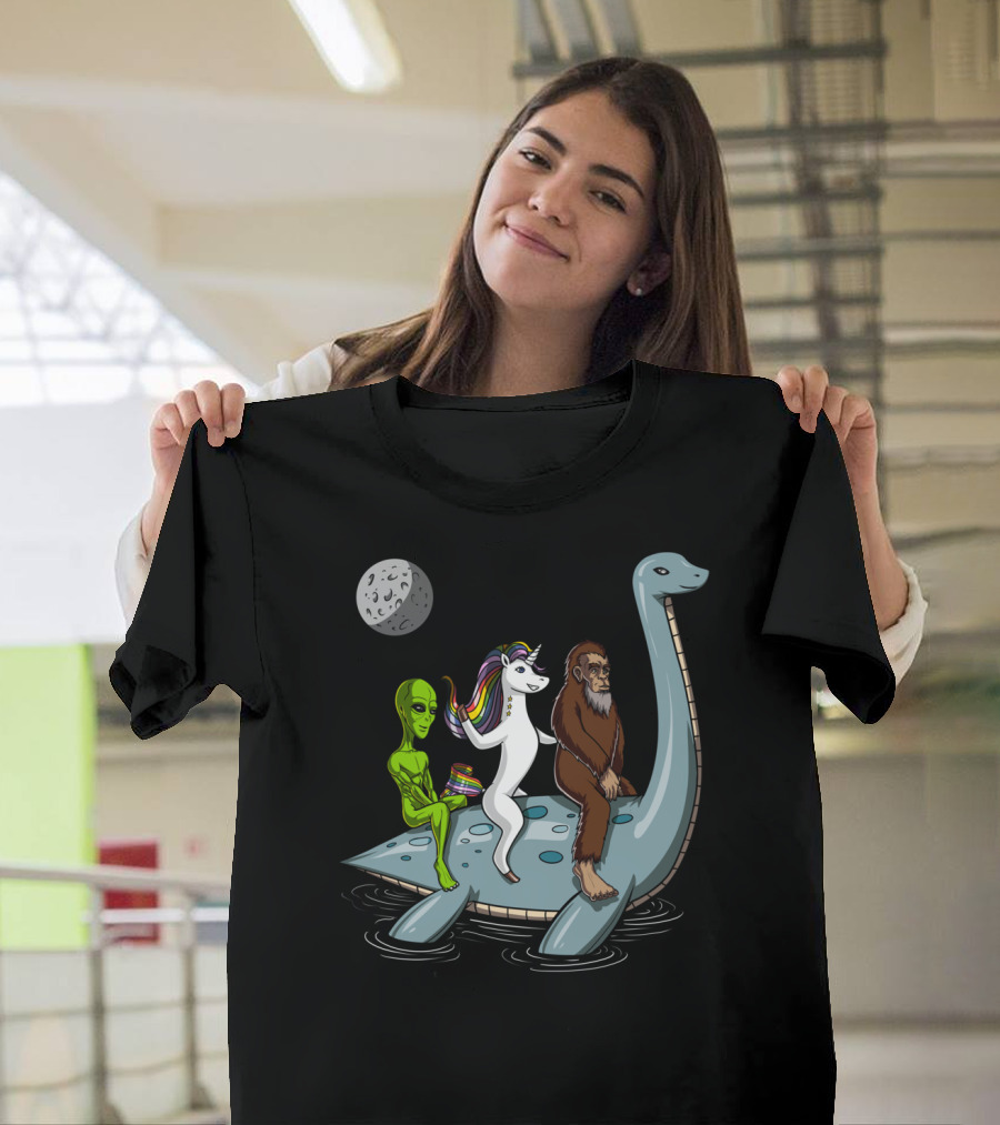 Alien Bigfoot Unicorn Riding Loch Ness Monster Under Moon T-Shirt