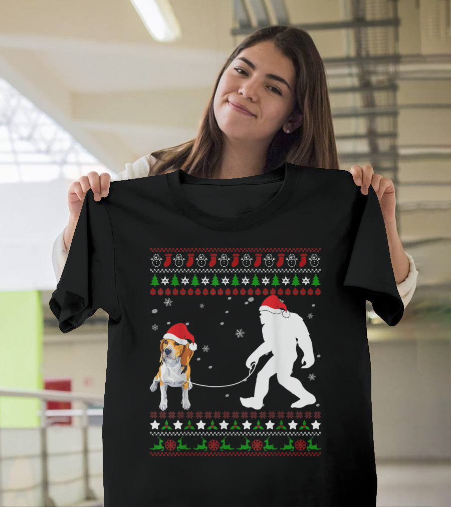 Beagle with Santa Hat Walking Bigfoot Ugly Christmas T-Shirt