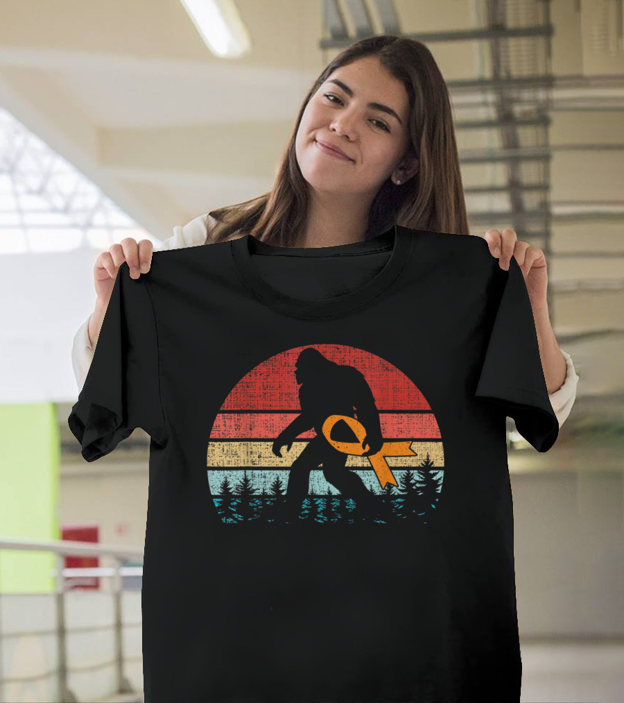 Bigfoot Orange Ribbon Multiple Sclerosis Forest Retro Stripes T-Shirt