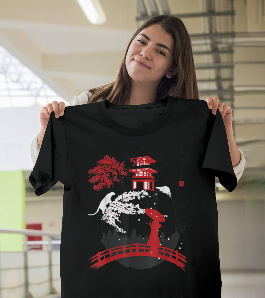 Japan Temple Geisha Cherry Blossom Bridge Pagoda T-Shirt