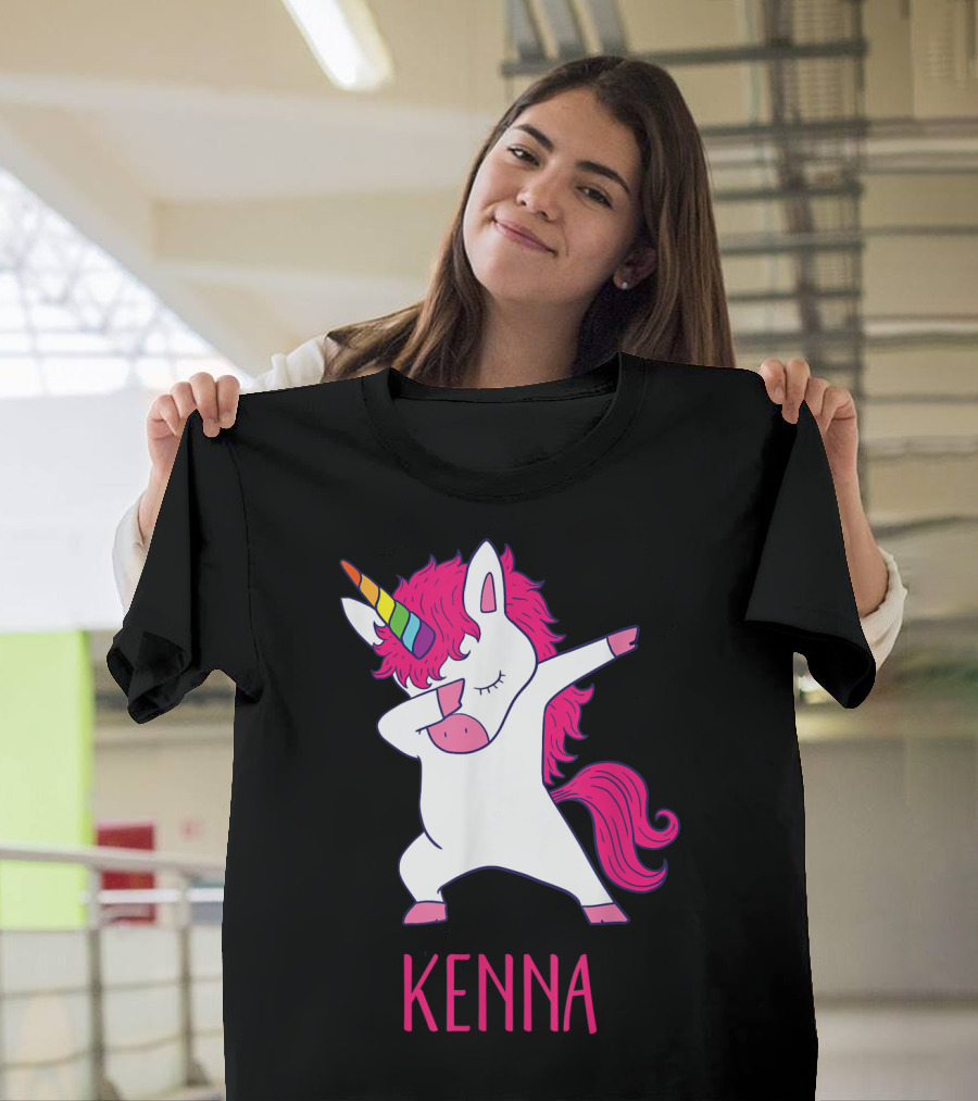 Kenna Personalized Dabbing Pink-Haired Unicorn with Rainbow Horn T-Shirt