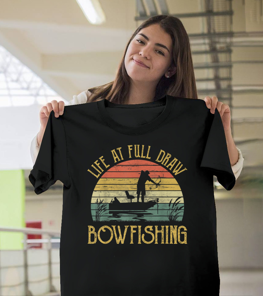 Life At Full Draw Bowfishing Vintage Sunset Silhouette Boat Scene T-Shirt