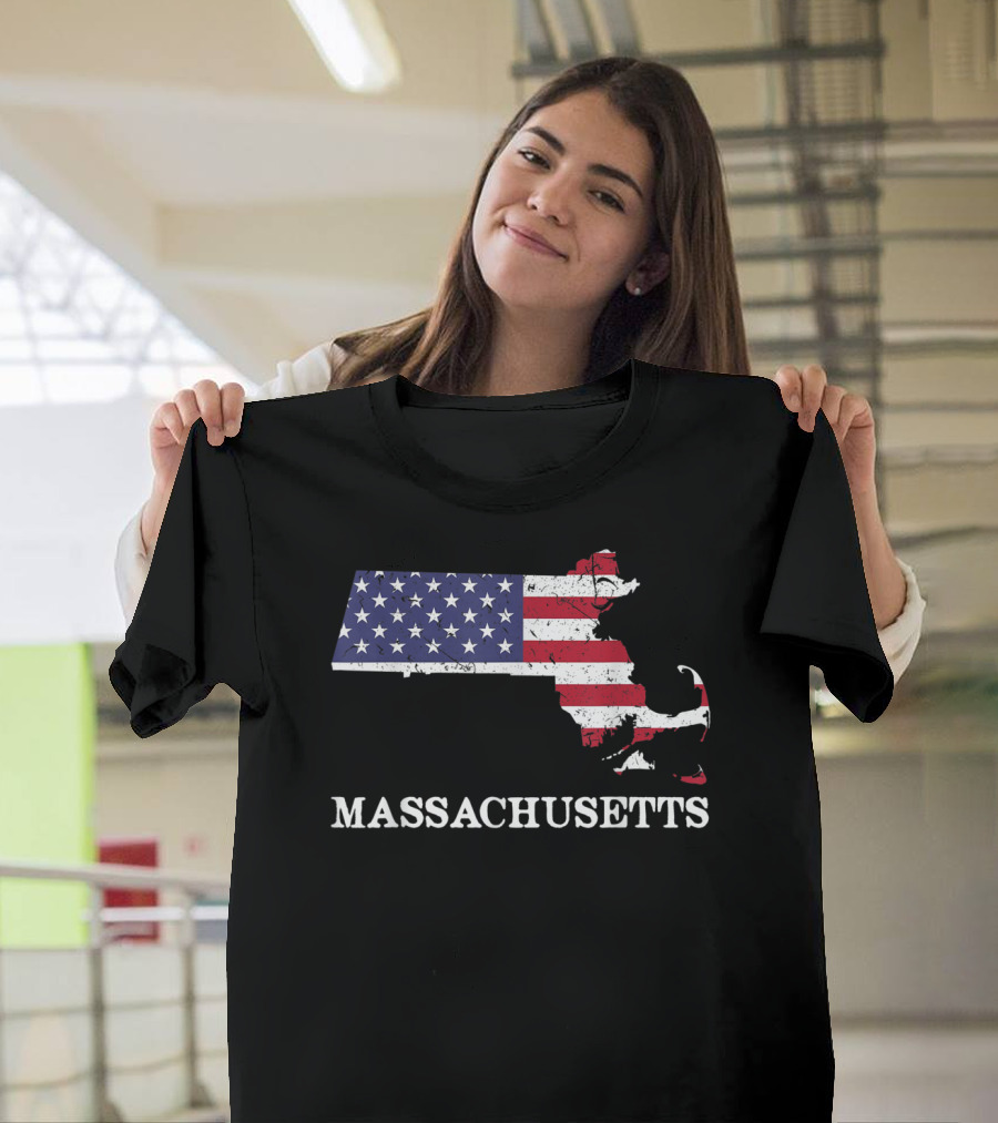 Massachusetts Map with American Flag Overlay T-Shirt