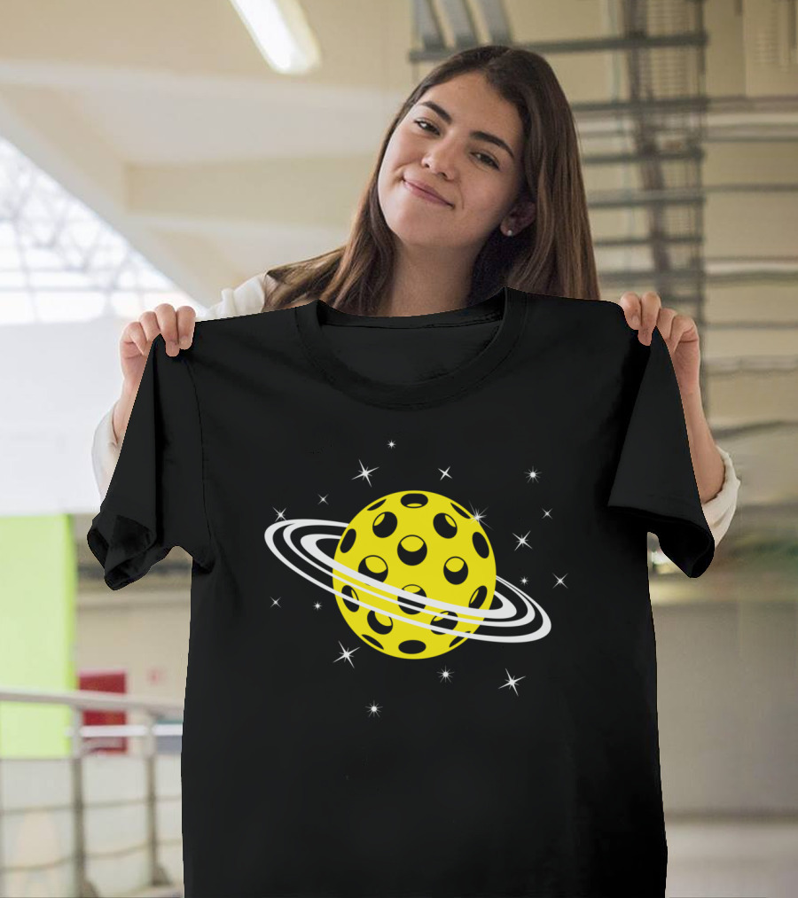 Pickleball Planet Yellow Ball with Rings and Stars T-Shirt