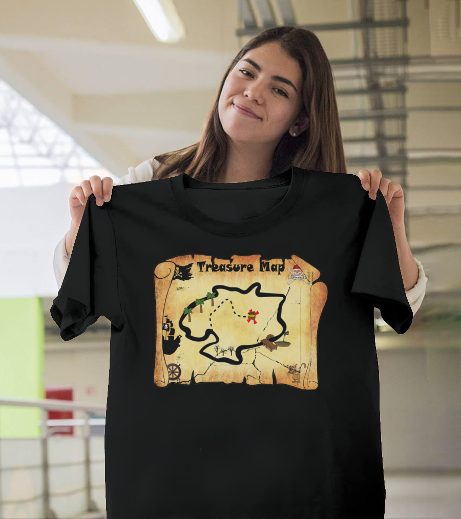 Treasure Map Scroll with Pirate Icons and X Marks the Spot T-Shirt