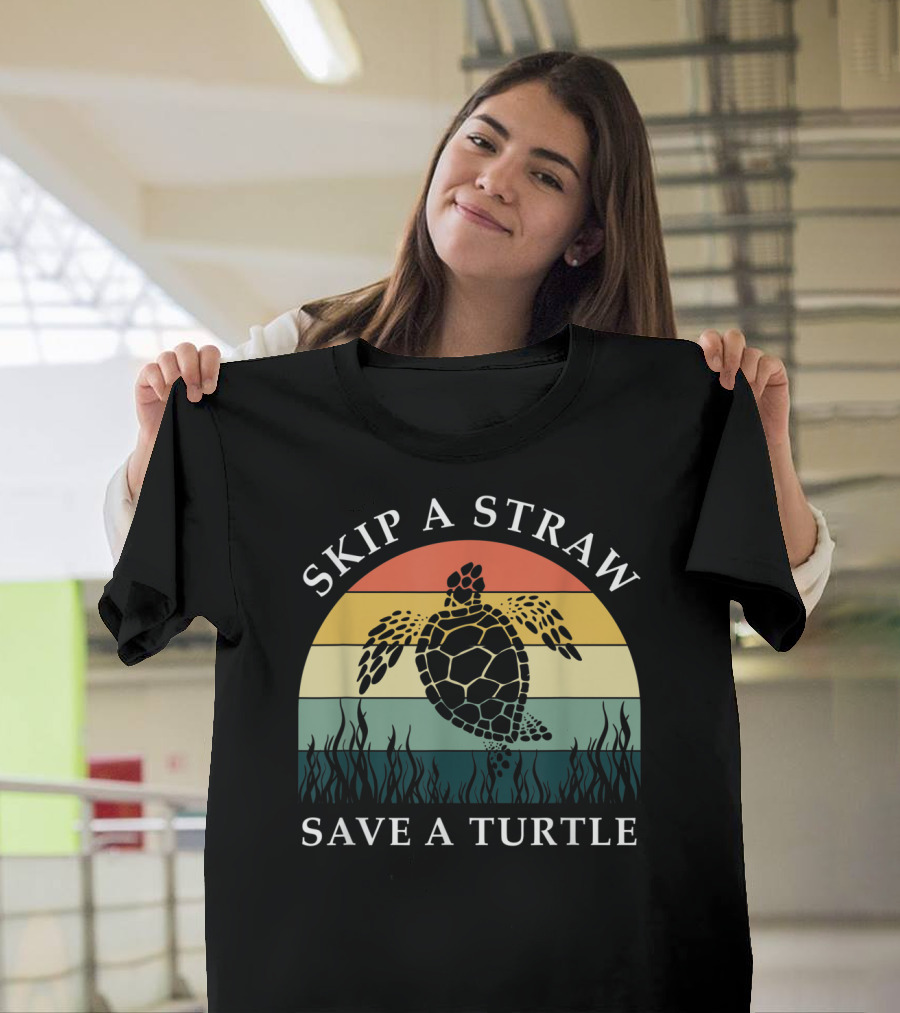 Skip A Straw Save A Turtle Retro Sunset Turtle T-Shirt