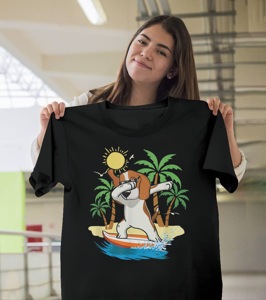 Summer Vacation Dabbing Beagle Surfing Beach Tropical 그림 T-Shirt