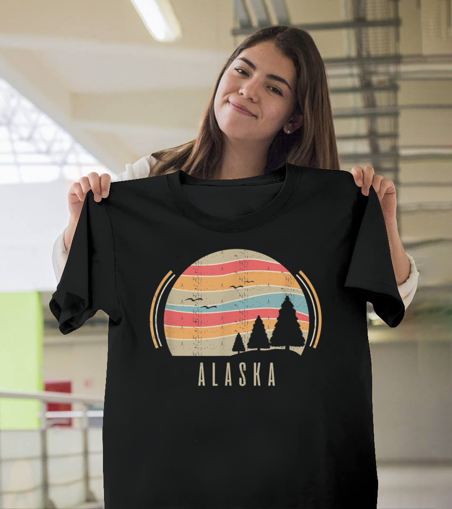 Retro Alaska Home Alaska State Trees Sunset Lines T-Shirt