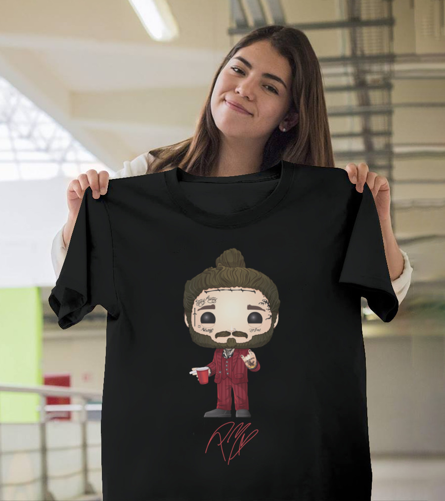 Post Malone Funko Pop Style Character With Tattoos And Red Suit Holding Cup T-Shirt