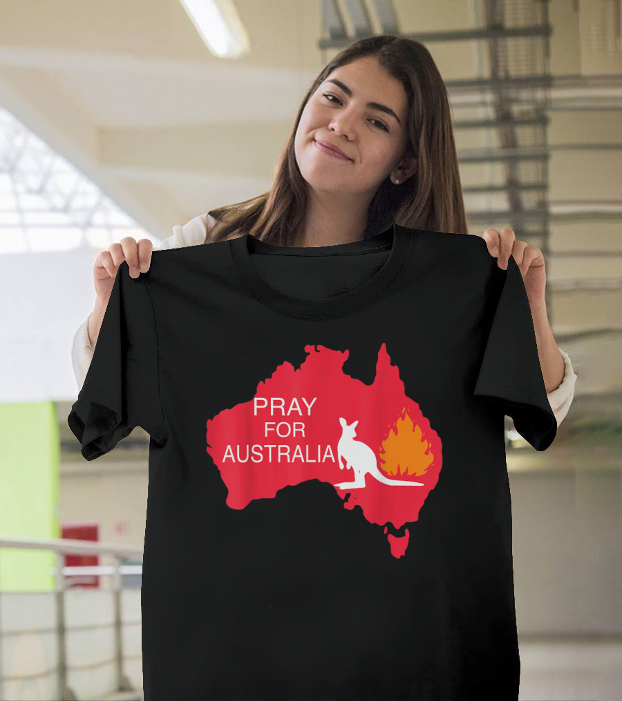 Pray For Australia Kangaroo Silhouette with Fire Symbol on Map T-Shirt
