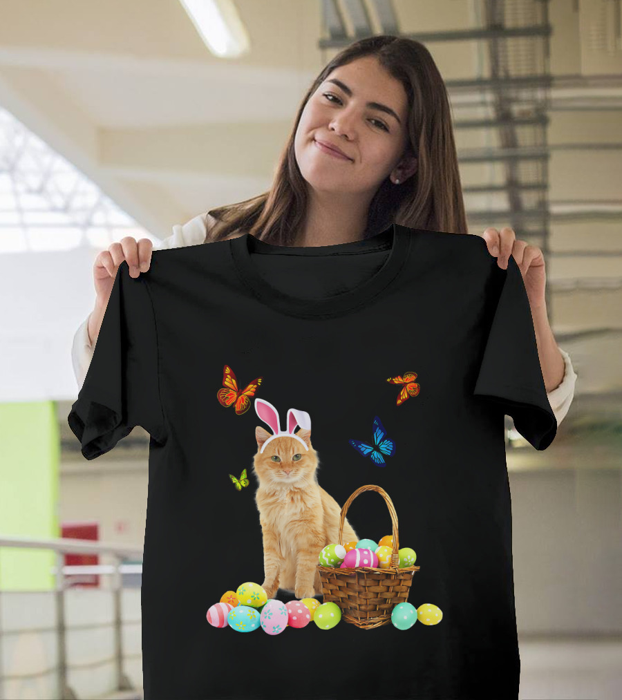 Adorable Cat with Bunny Ears Surrounded by Easter Eggs and Butterflies T-Shirt