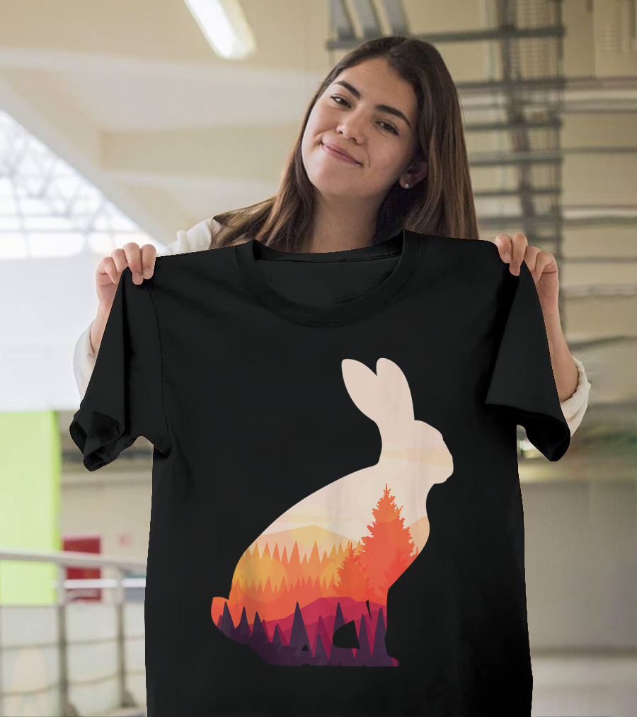 Forest Rabbit Silhouette with Sunset Pines T-Shirt
