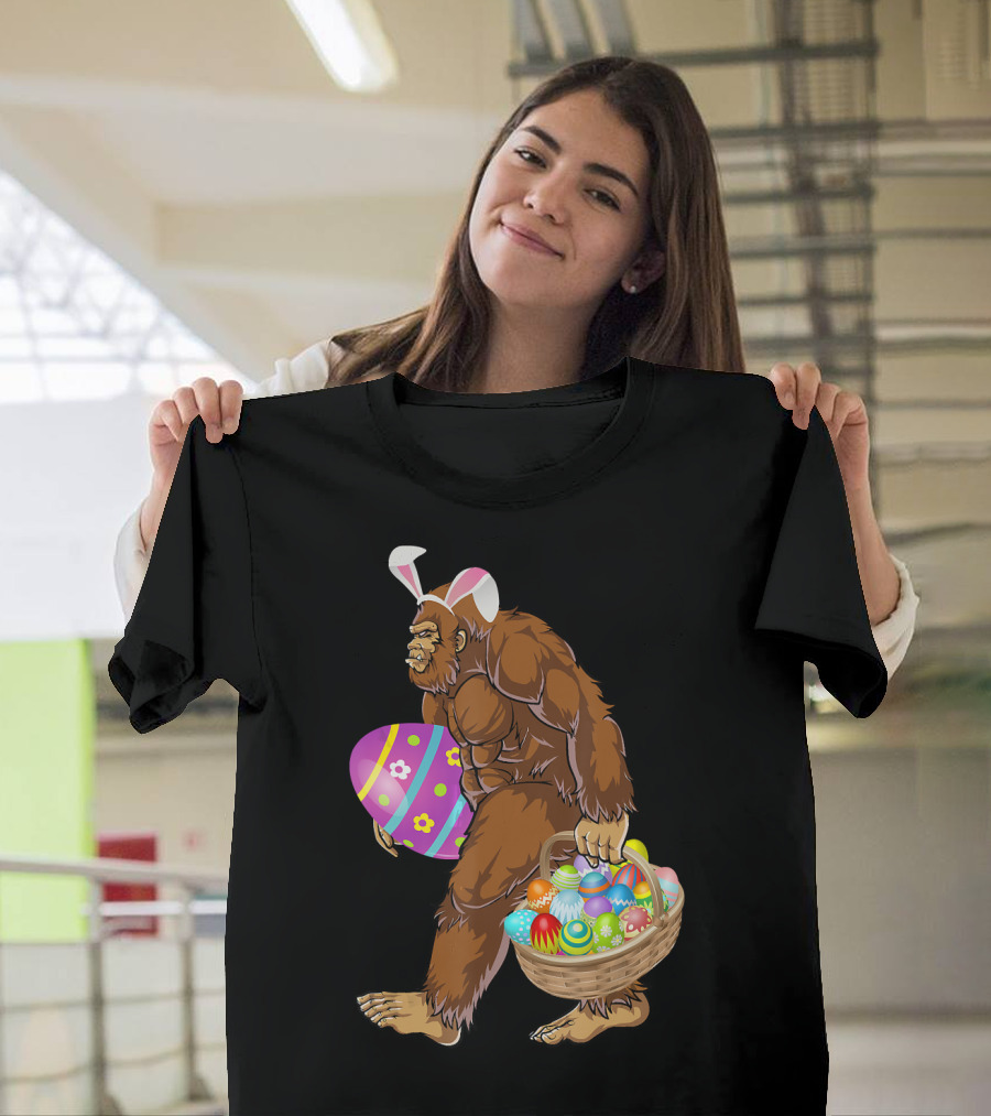 Bigfoot Easter Bunny Carrying Colorful Eggs Basket T-Shirt