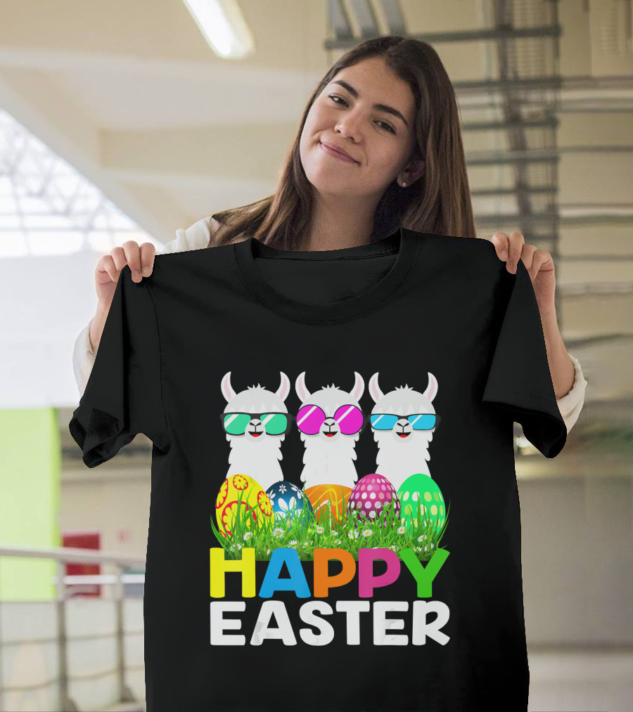 Happy Easter Llama Alpaca with Colorful Easter Eggs T-Shirt