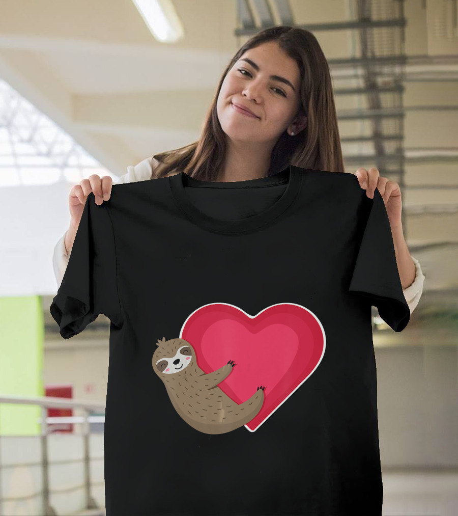 Cute Sloth Hugging Red Heart Valentines Day T-Shirt