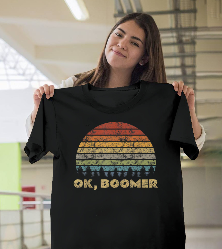 Vintage Sunset Ok Boomer Retro Stripes Forest T-Shirt
