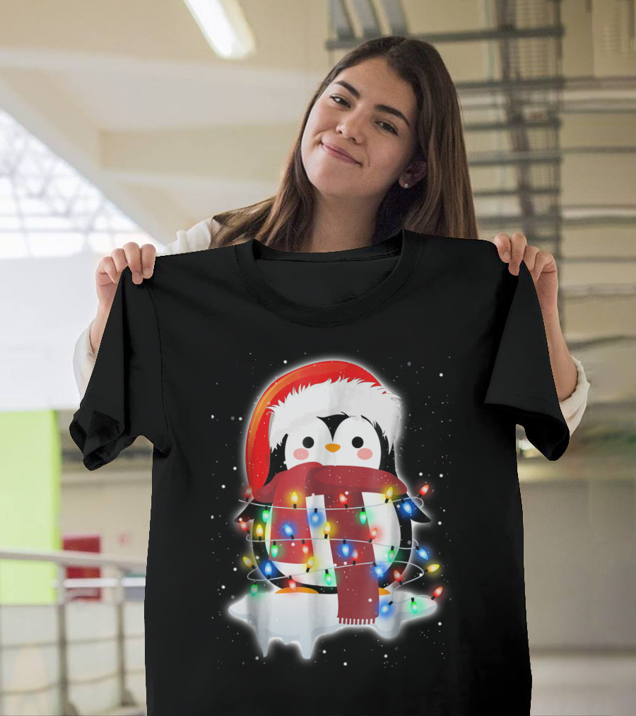 Merry Christmas Penguin with Santa Hat and Festive Lights T-Shirt