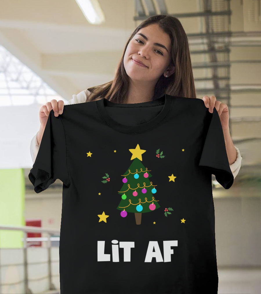 Lit AF Christmas Tree Funny Drinking Holiday Festive Stars and Holly T-Shirt