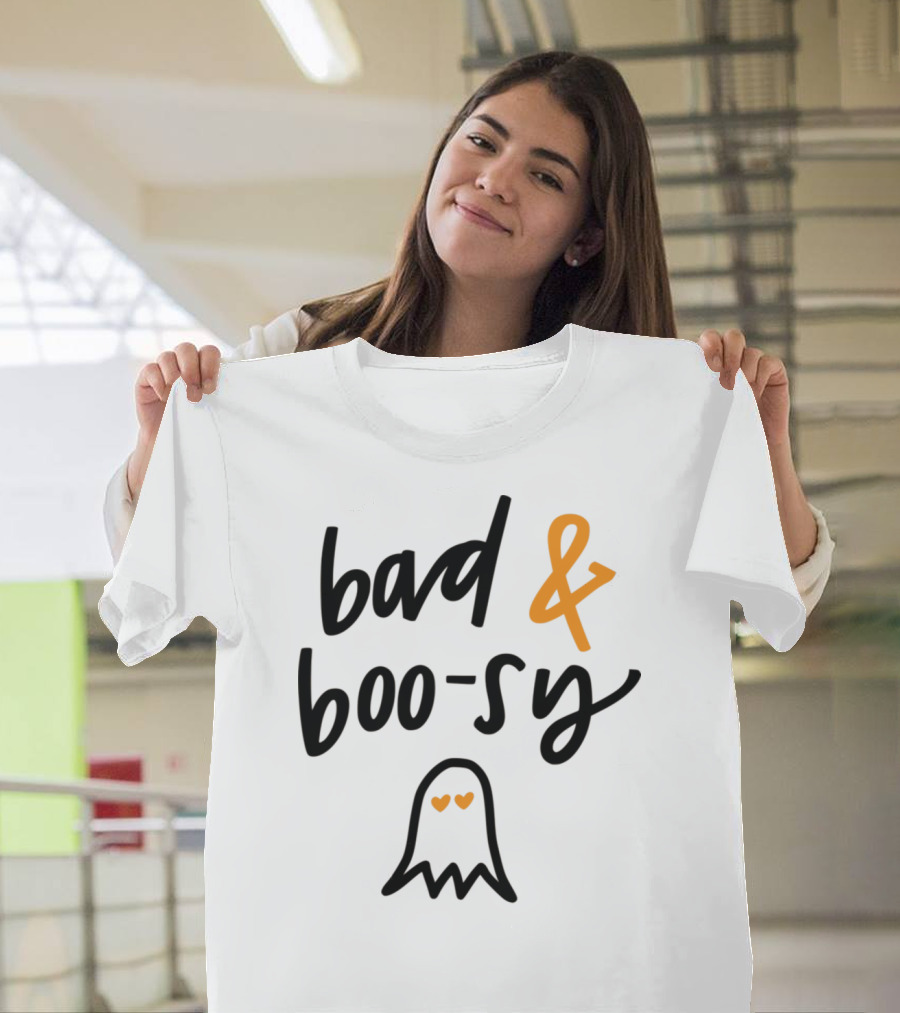 Bad And Boo-sy Ghost With Heart Eyes Orange Accent Text T-Shirt