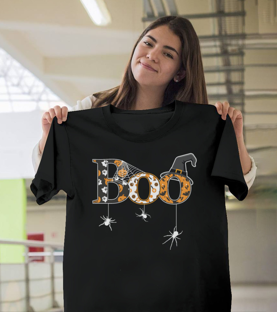 Boo Halloween Spiders Witch Hat Letters and Webs T-Shirt