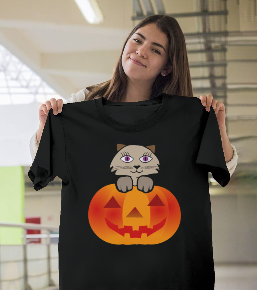 Cat Peeking Over Halloween Jack-O'-Lantern Pumpkin T-Shirt