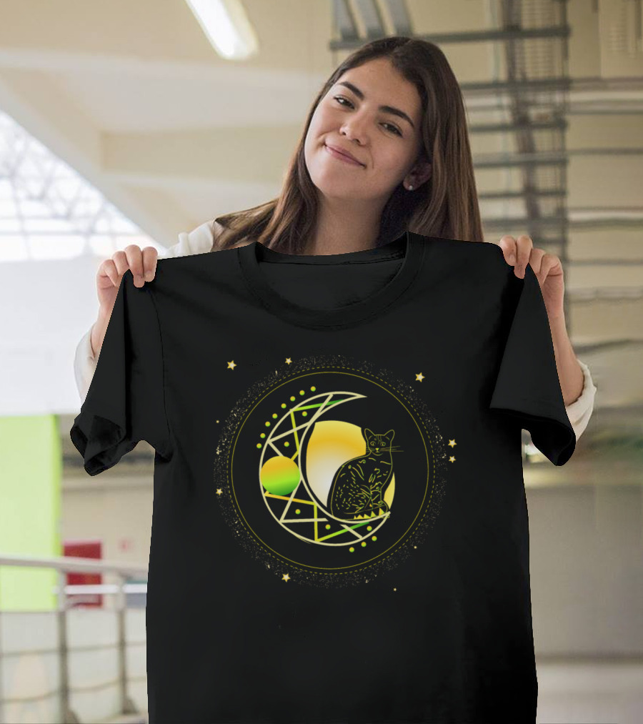 Cat on Geometric Crescent Moon Surrounded by Stars T-Shirt